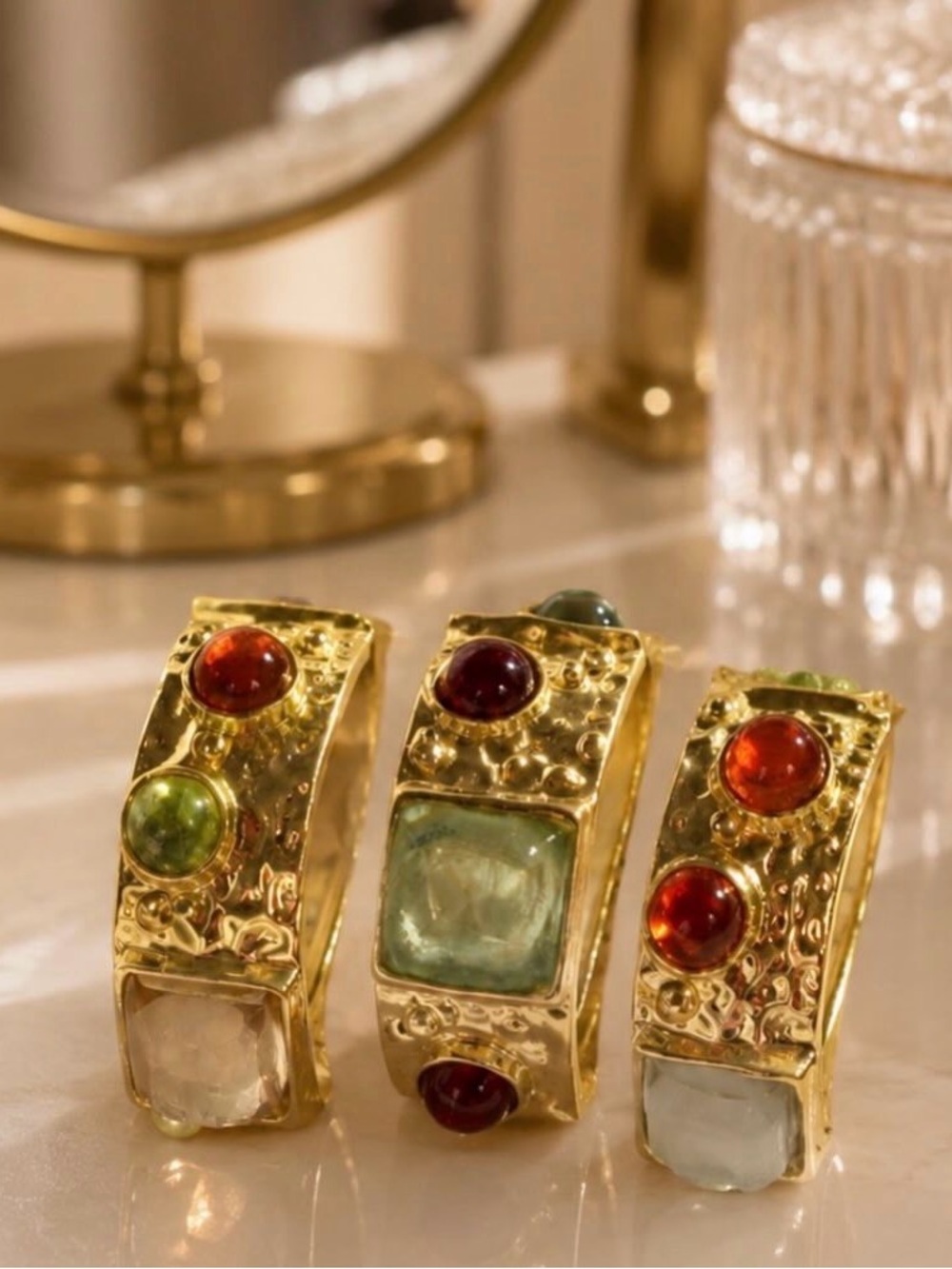 Gold-Tone Multi Gemstone Cuff Bracelet - Green & Red Accents